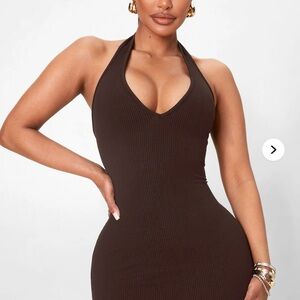 Fashion Nova Chocolate Brown Ribbed Halter Bodycon Mini Dress